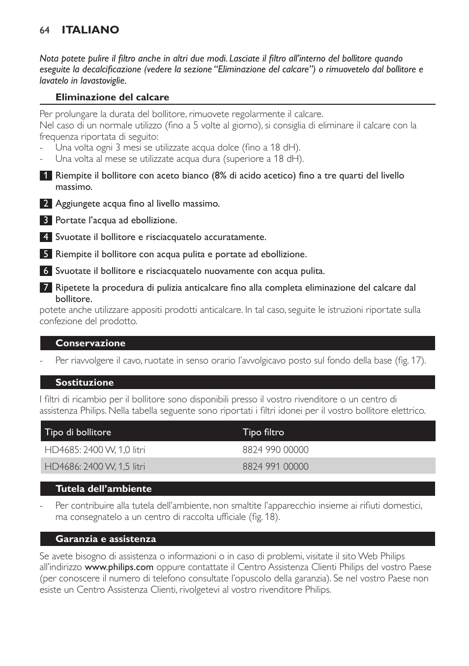 Eliminazione del calcare, Conservazione, Sostituzione | Tutela dell’ambiente, Garanzia e assistenza | Philips HD4686 User Manual | Page 64 / 108