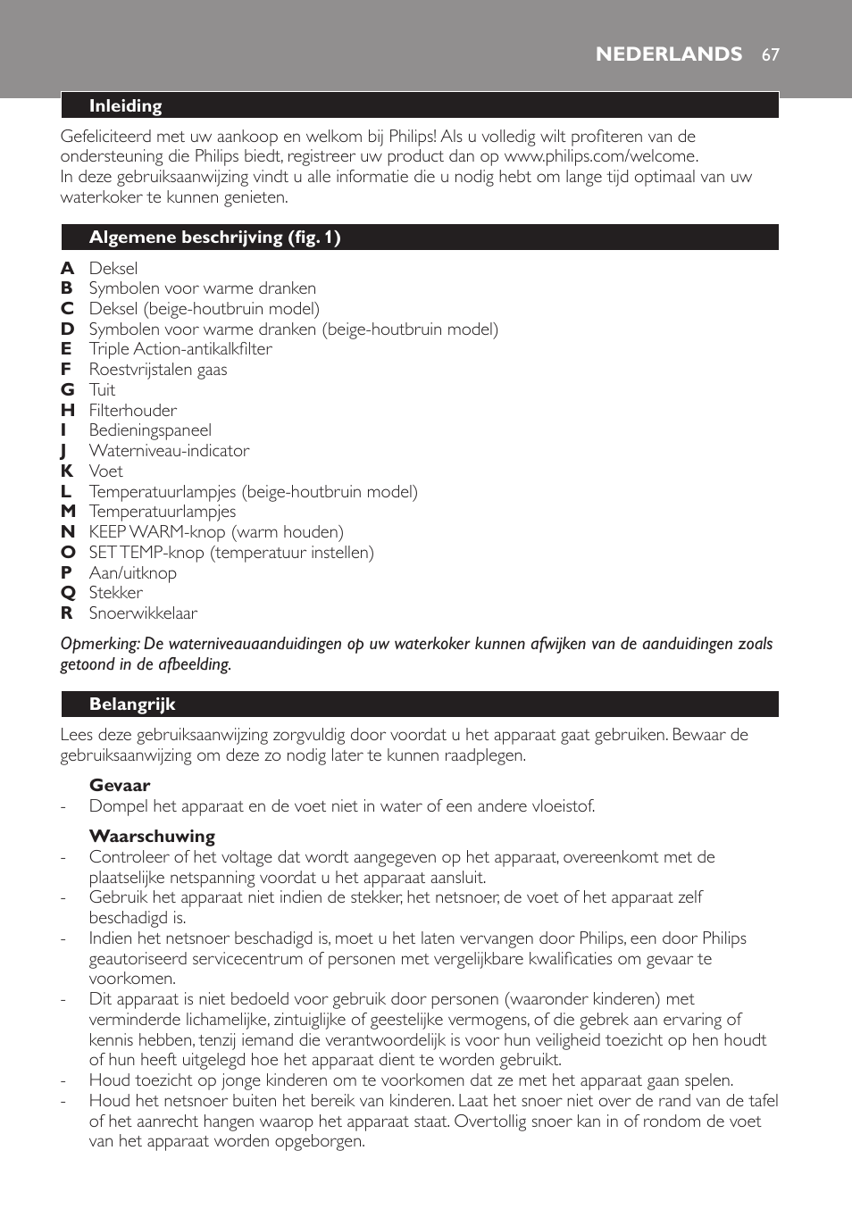 Gevaar, Waarschuwing, Nederlands | Inleiding, Algemene beschrijving (fig. 1), Belangrijk | Philips HD4686 User Manual | Page 67 / 108