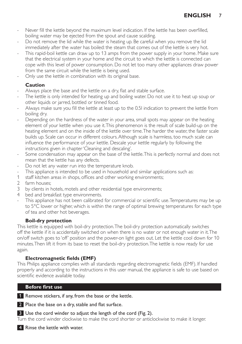 Caution, Boil-dry protection, Electromagnetic fields (emf) | Before first use | Philips HD4686 User Manual | Page 7 / 108