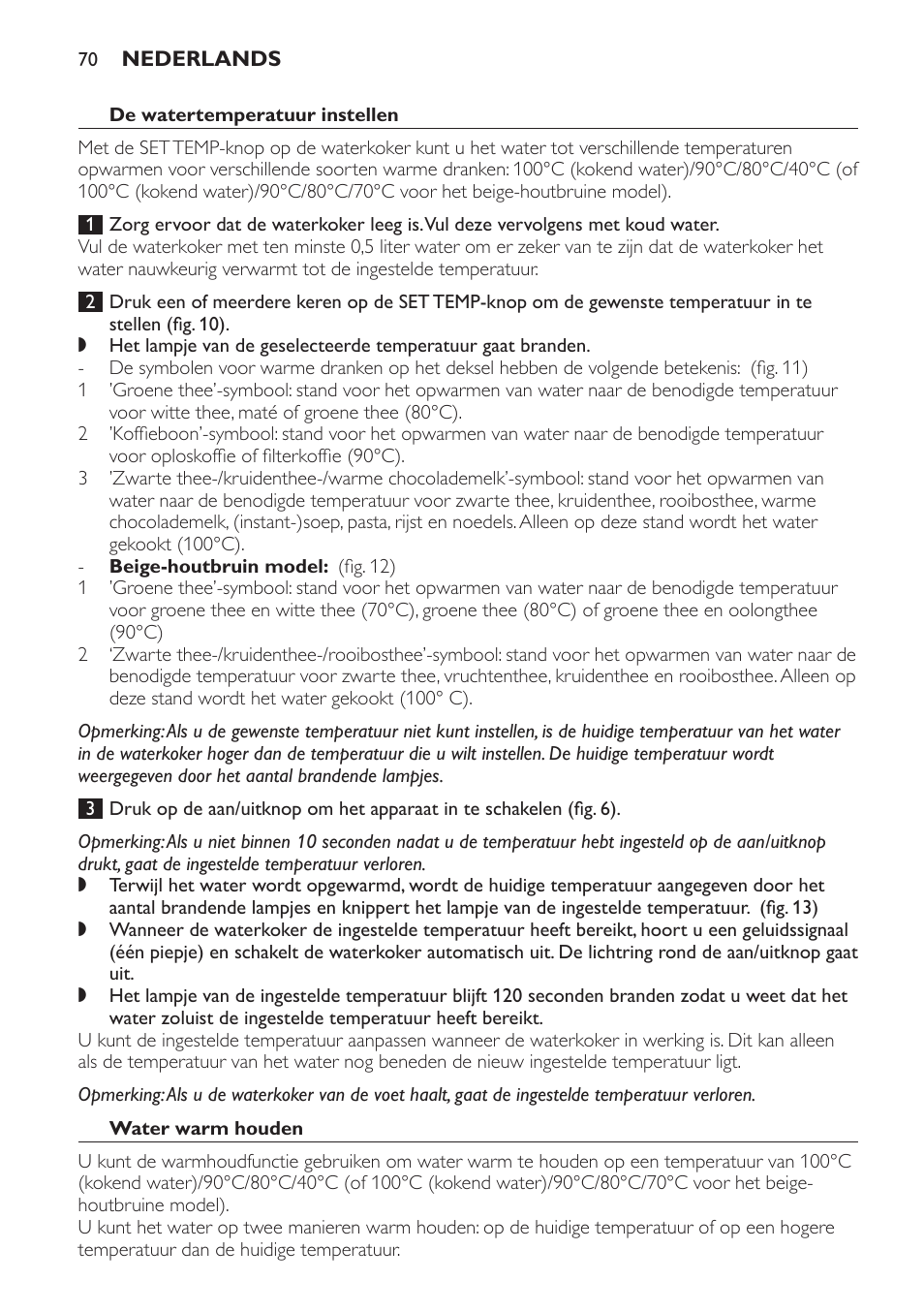 De watertemperatuur instellen, Water warm houden | Philips HD4686 User Manual | Page 70 / 108