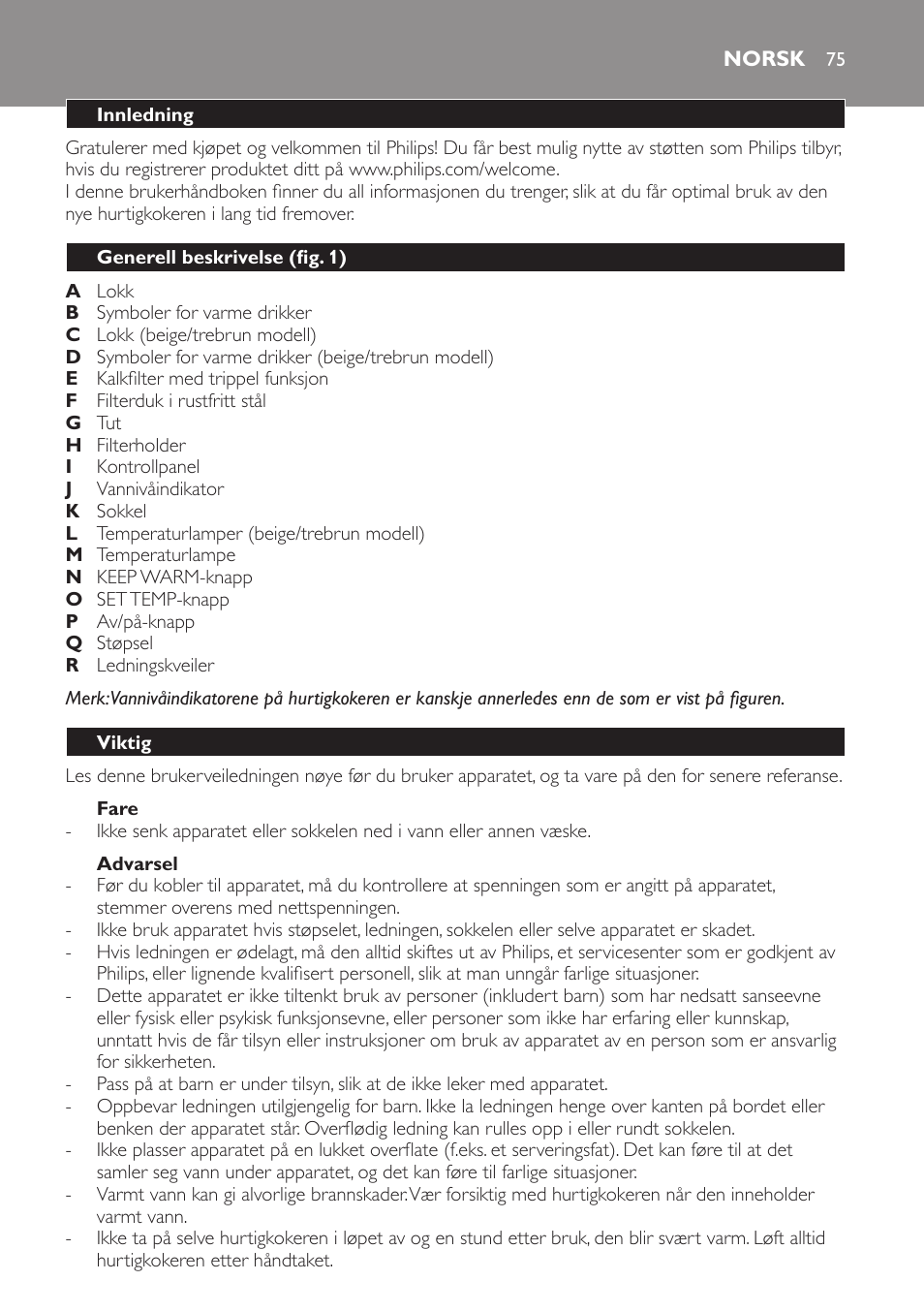 Fare, Advarsel, Norsk | Innledning, Generell beskrivelse (fig. 1), Viktig | Philips HD4686 User Manual | Page 75 / 108