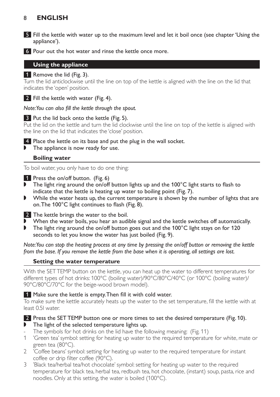 Using the appliance, Boiling water, Setting the water temperature | Philips HD4686 User Manual | Page 8 / 108