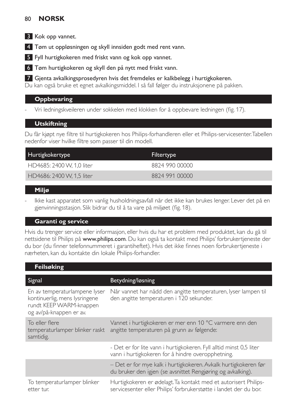 Oppbevaring, Utskiftning, Miljø | Garanti og service, Feilsøking | Philips HD4686 User Manual | Page 80 / 108