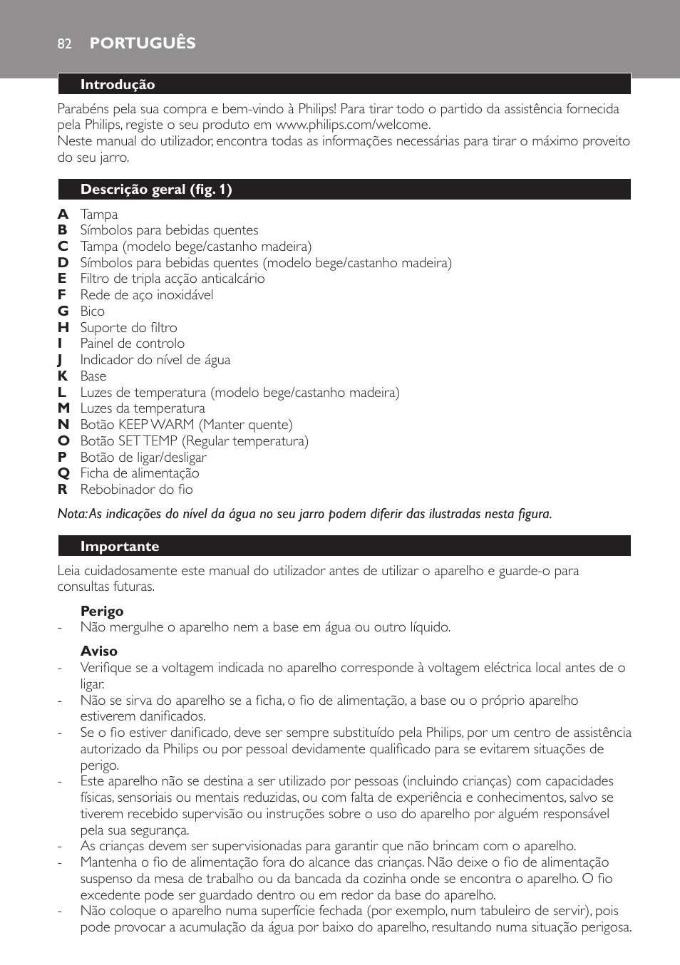 Perigo, Aviso, Português | Introdução, Descrição geral (fig. 1), Importante | Philips HD4686 User Manual | Page 82 / 108