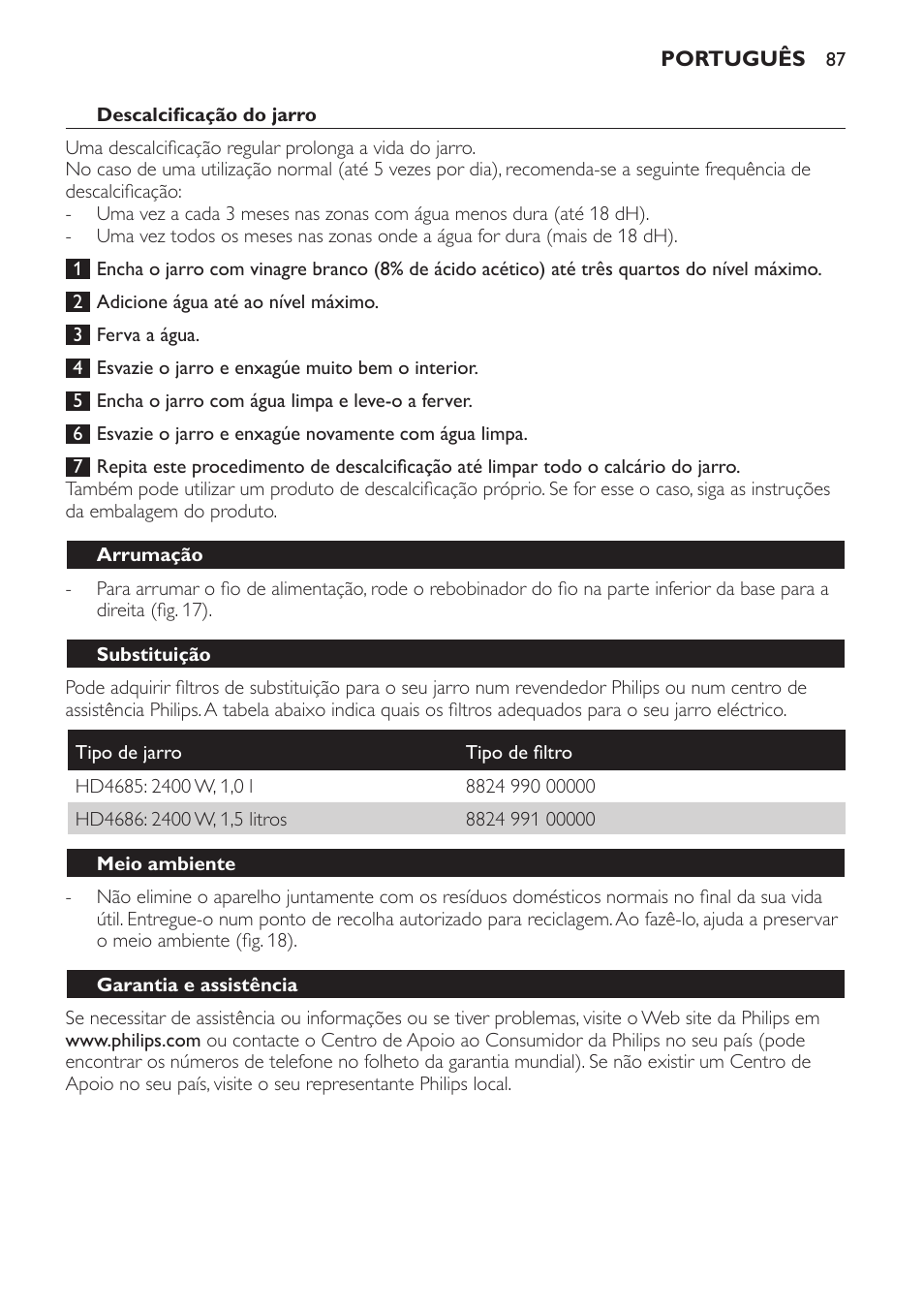 Descalcificação do jarro, Arrumação, Substituição | Meio ambiente, Garantia e assistência | Philips HD4686 User Manual | Page 87 / 108