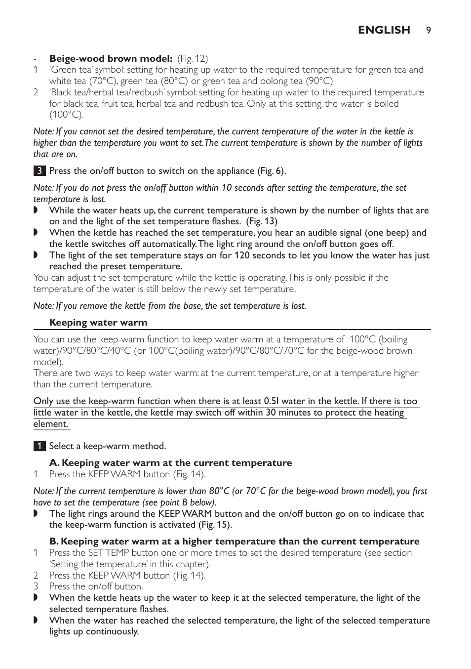 Keeping water warm, A. keeping water warm at the current temperature | Philips HD4686 User Manual | Page 9 / 108