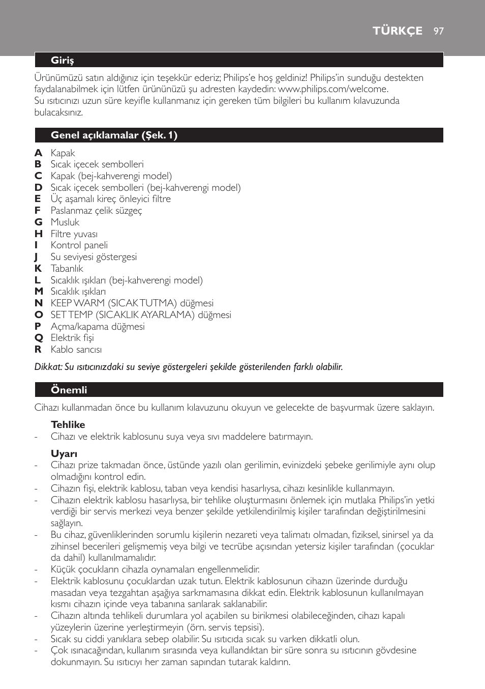 Tehlike, Uyarı, Türkçe | Giriş, Genel açıklamalar (şek. 1), Önemli | Philips HD4686 User Manual | Page 97 / 108