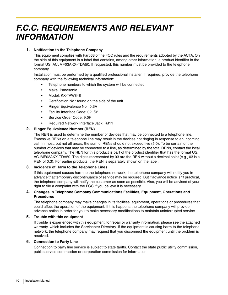 F.c.c. requirements and relevant information | Philips KX-TAW848 User Manual | Page 10 / 128