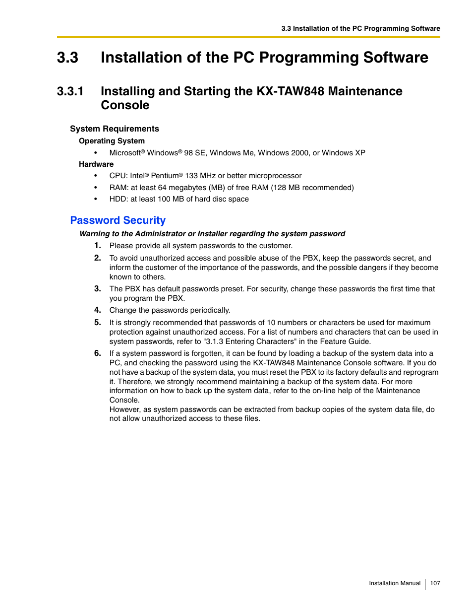 3 installation of the pc programming software, Password security | Philips KX-TAW848 User Manual | Page 107 / 128