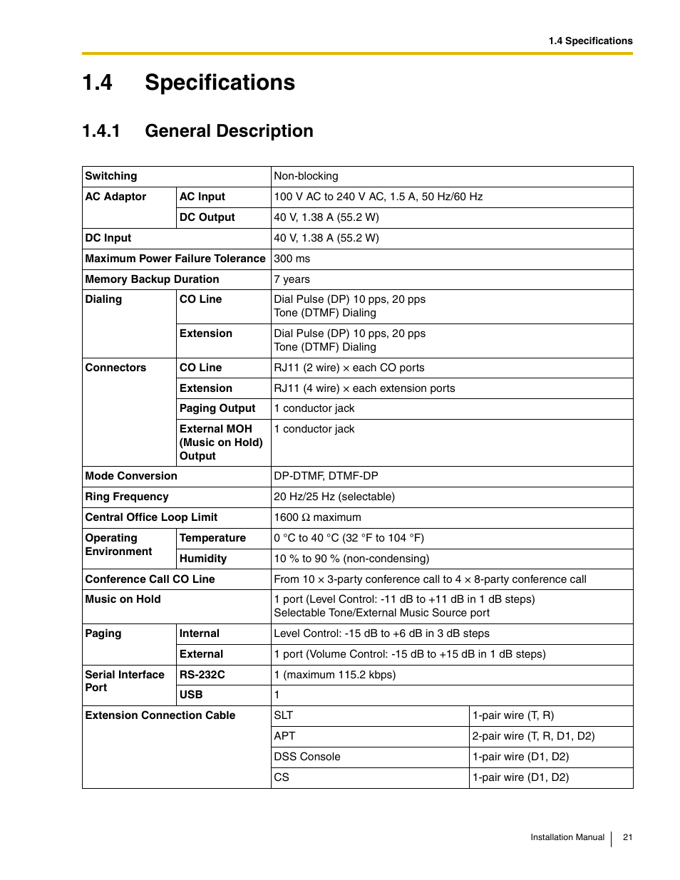 4 specifications, 1 general description | Philips KX-TAW848 User Manual | Page 21 / 128