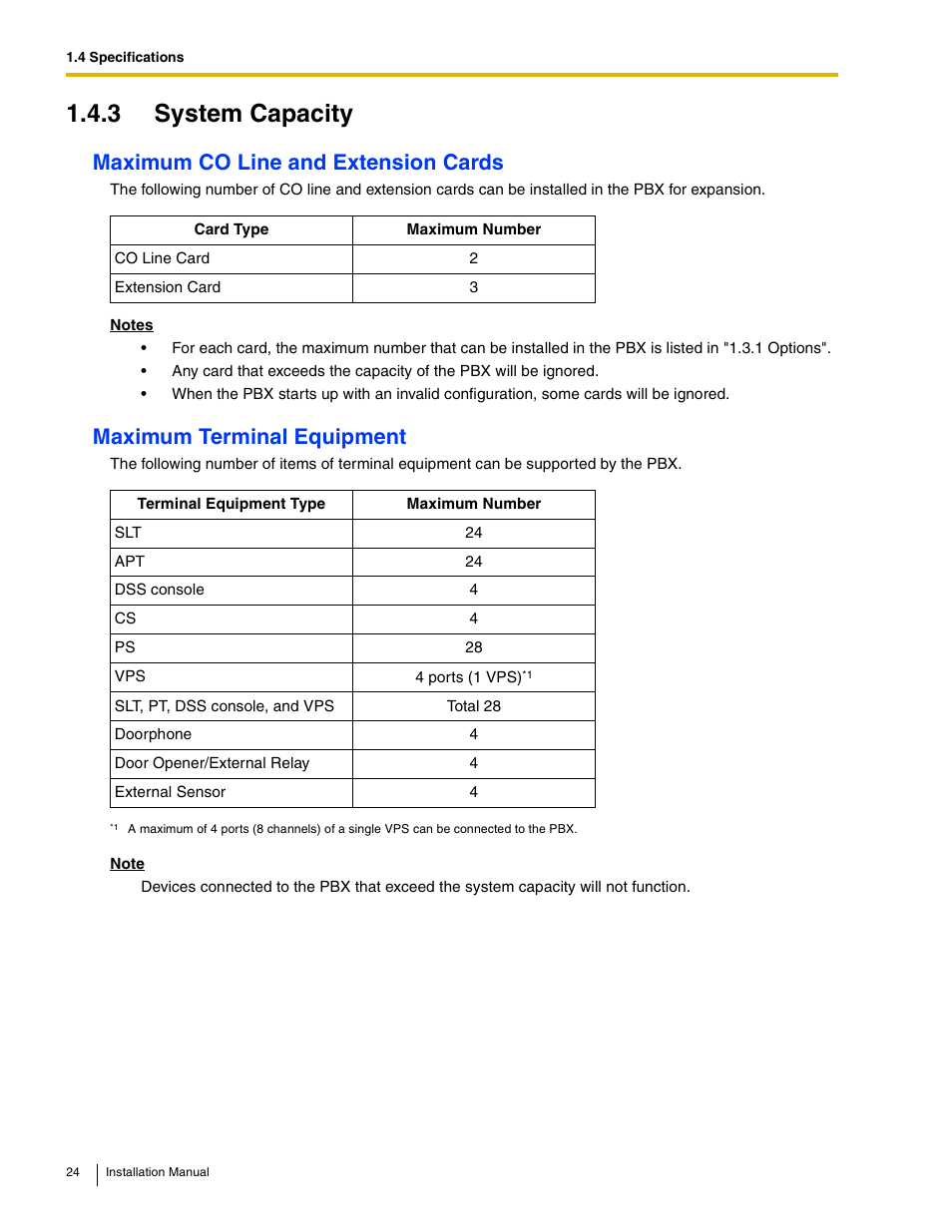 3 system capacity, Maximum co line and extension cards, Maximum terminal equipment | Philips KX-TAW848 User Manual | Page 24 / 128