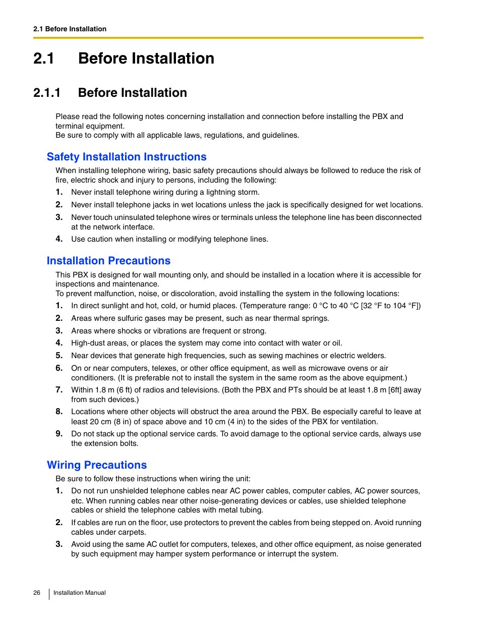 1 before installation, Safety installation instructions, Installation precautions | Wiring precautions | Philips KX-TAW848 User Manual | Page 26 / 128