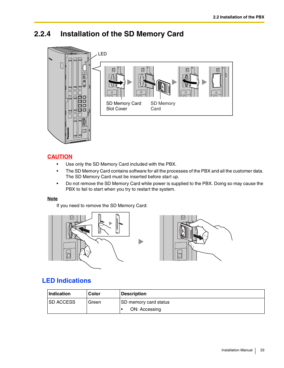 4 installation of the sd memory card, Led indications | Philips KX-TAW848 User Manual | Page 33 / 128