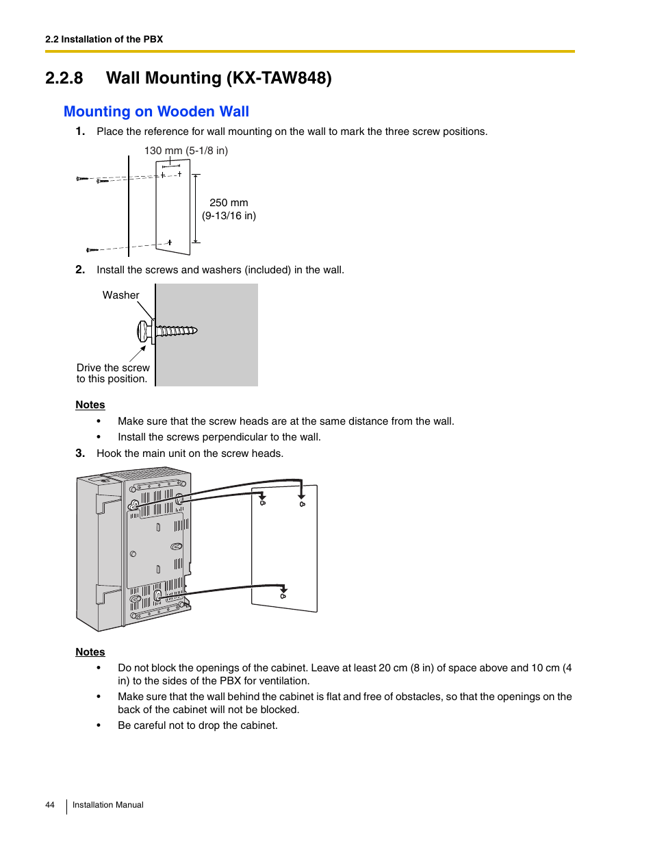 8 wall mounting (kx-taw848), Mounting on wooden wall | Philips KX-TAW848 User Manual | Page 44 / 128