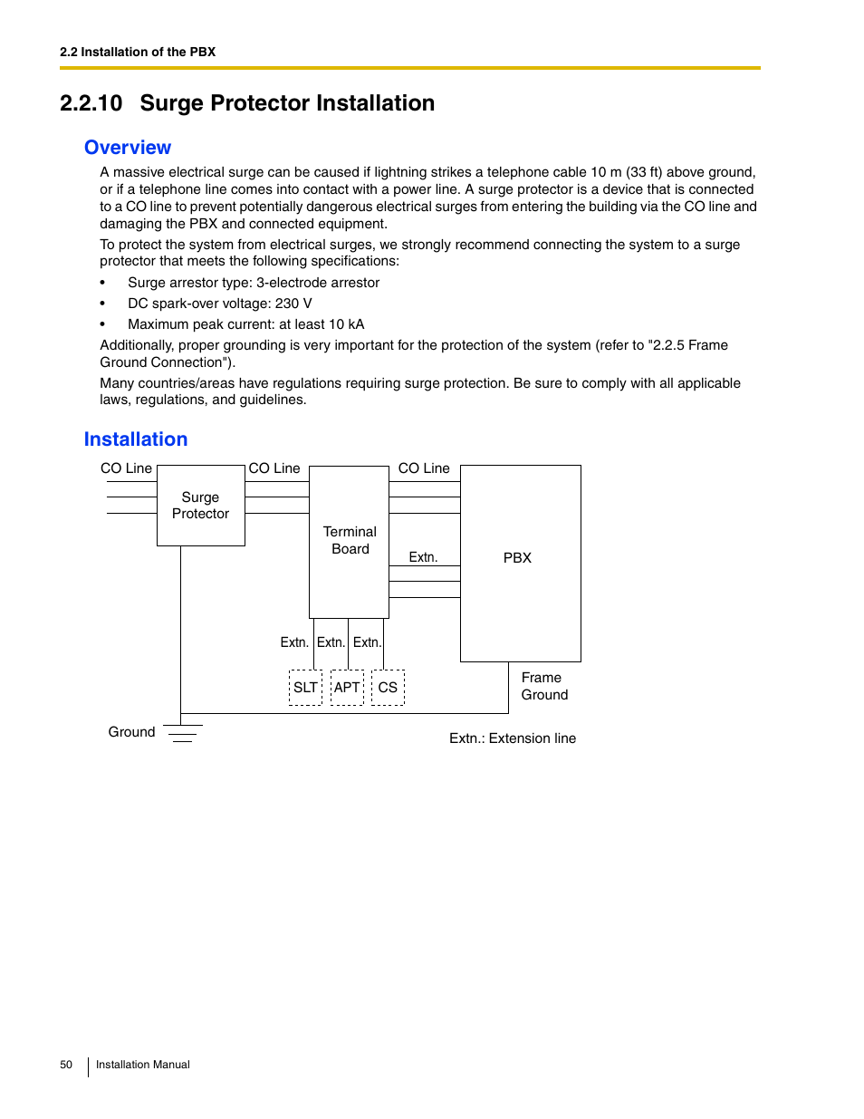 10 surge protector installation, Overview, Installation | Philips KX-TAW848 User Manual | Page 50 / 128