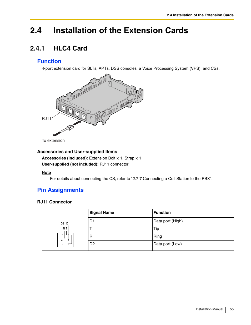 4 installation of the extension cards, 1 hlc4 card, Function | Pin assignments | Philips KX-TAW848 User Manual | Page 55 / 128