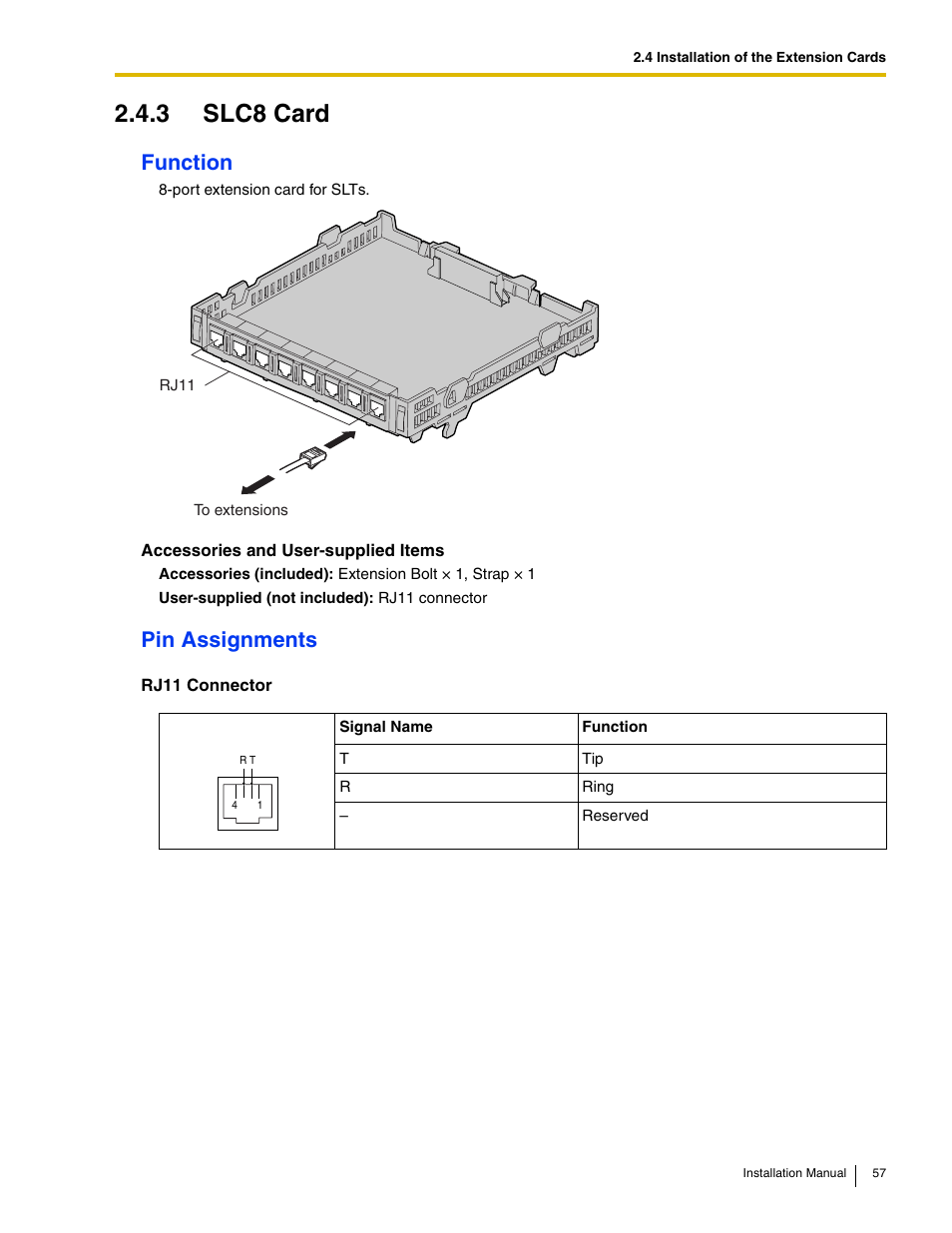 3 slc8 card, Function, Pin assignments | Philips KX-TAW848 User Manual | Page 57 / 128