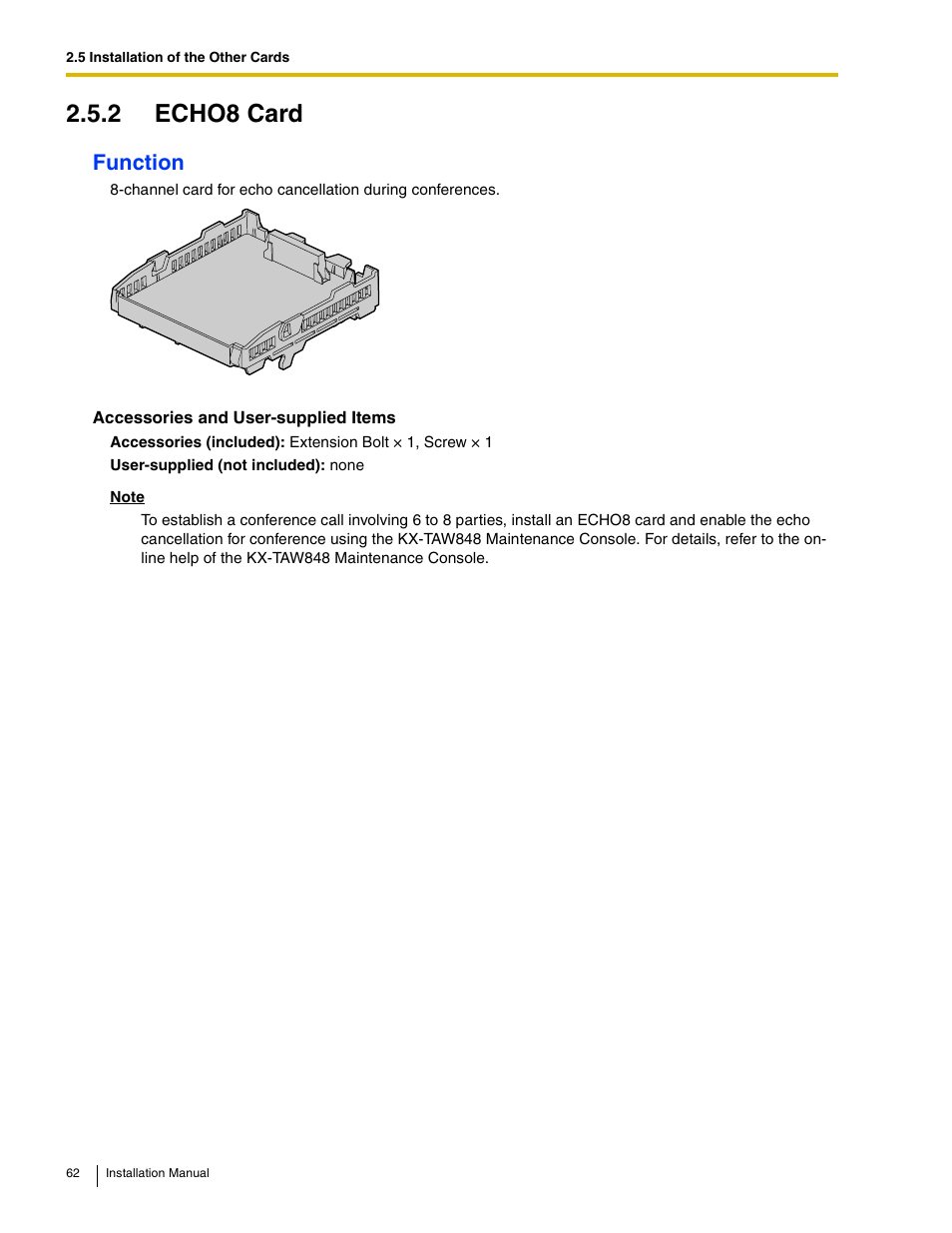 2 echo8 card, Function | Philips KX-TAW848 User Manual | Page 62 / 128