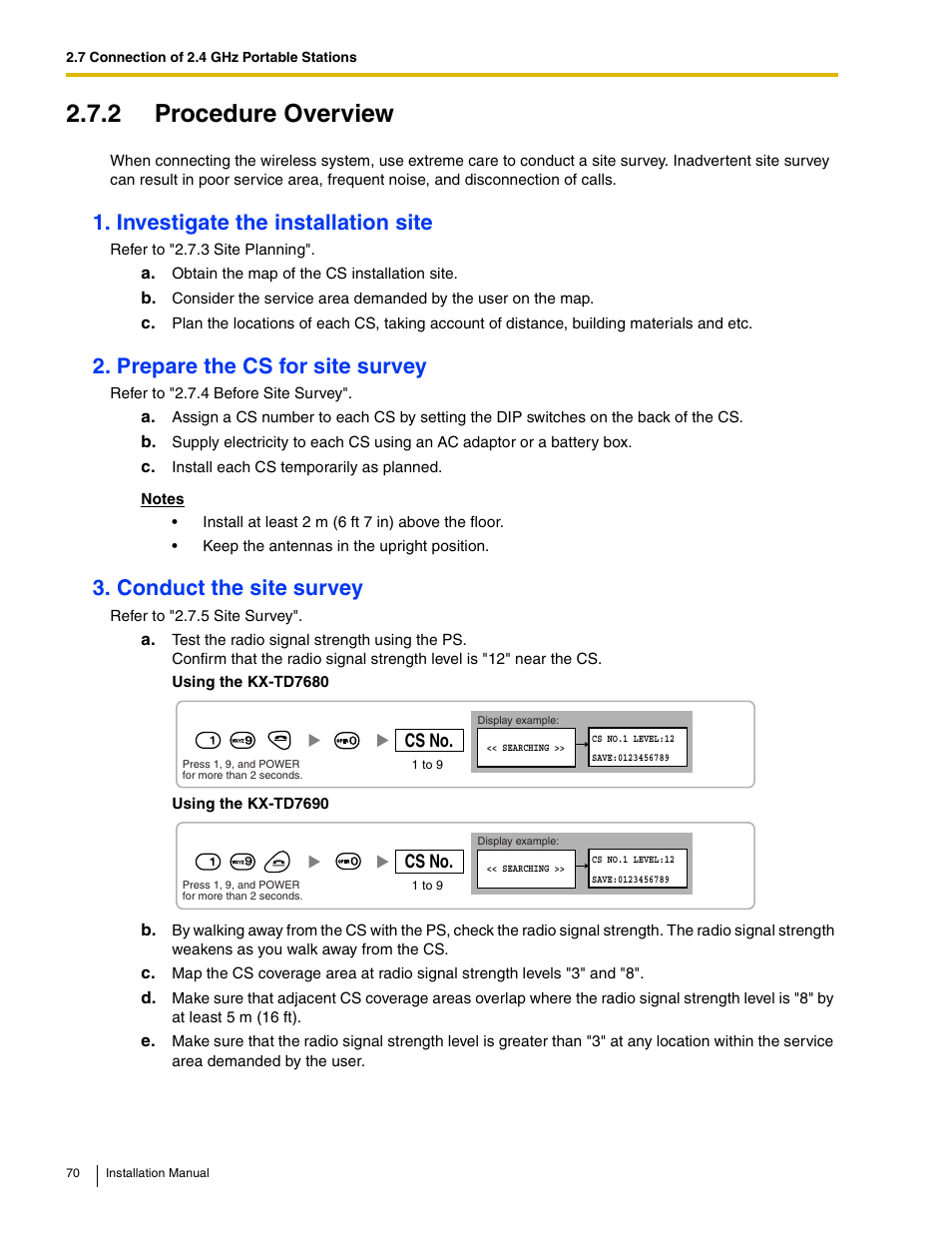 2 procedure overview, Investigate the installation site, Prepare the cs for site survey | Conduct the site survey | Philips KX-TAW848 User Manual | Page 70 / 128