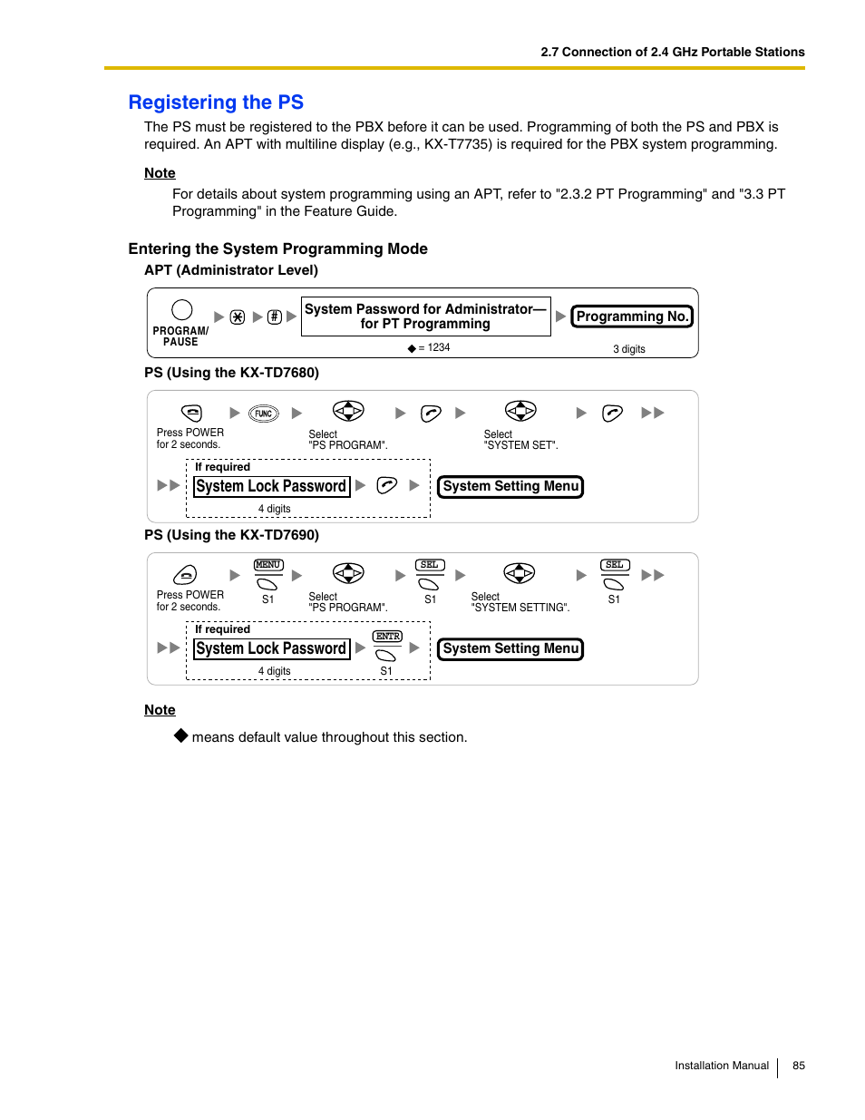 Registering the ps, System lock password, Entering the system programming mode | Philips KX-TAW848 User Manual | Page 85 / 128