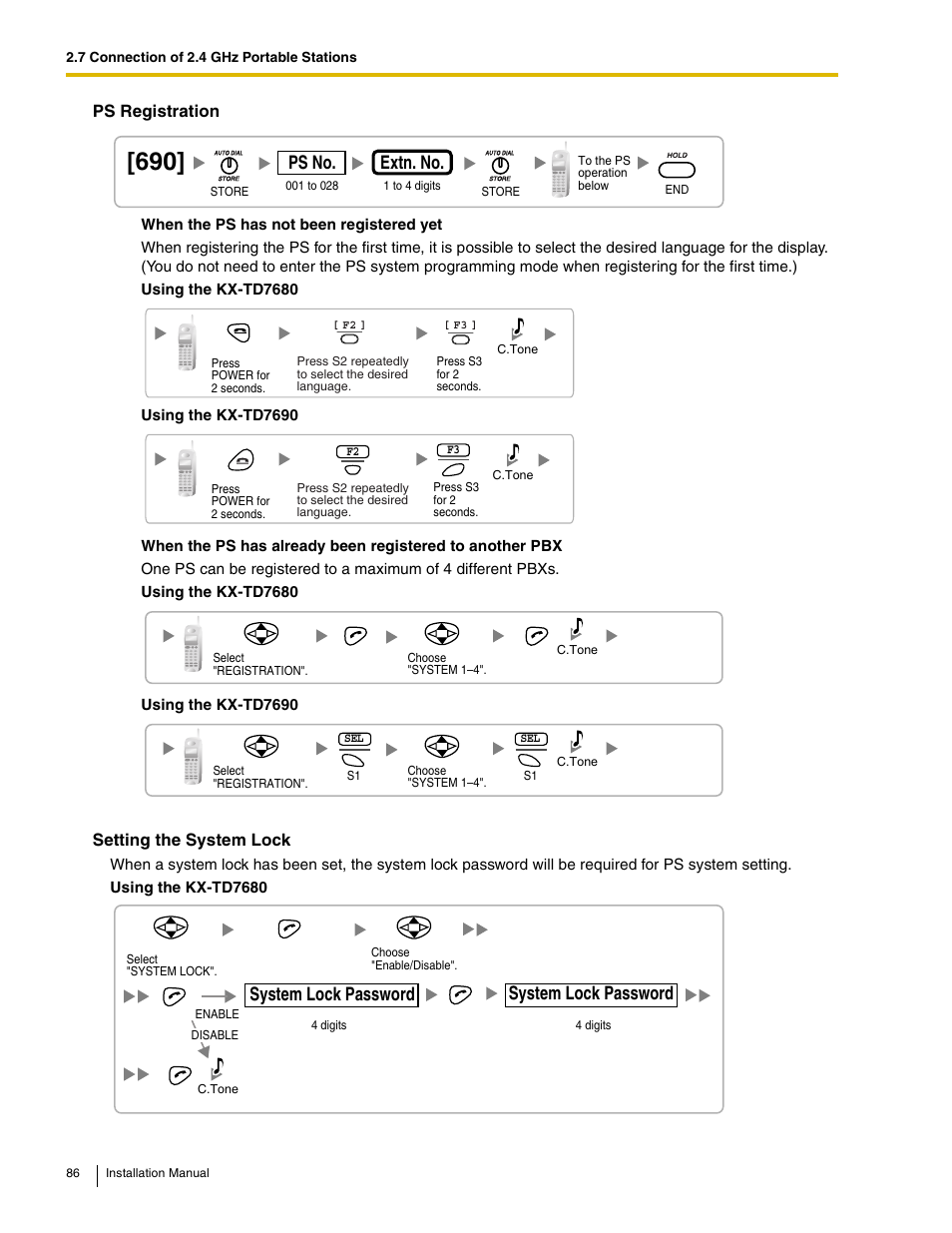 Ps no, Extn. no, System lock password | Ps registration, Setting the system lock | Philips KX-TAW848 User Manual | Page 86 / 128