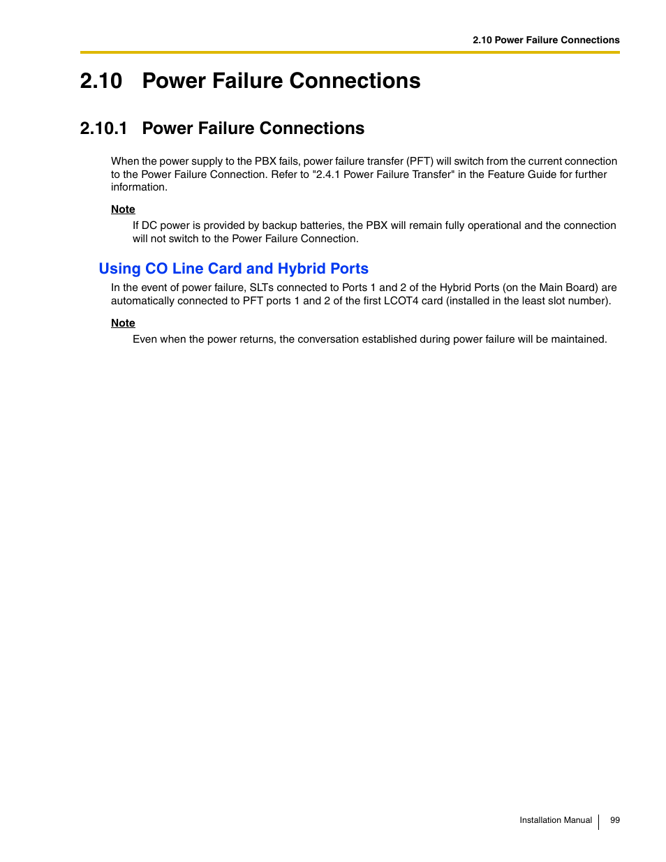 10 power failure connections, 1 power failure connections, Using co line card and hybrid ports | Philips KX-TAW848 User Manual | Page 99 / 128