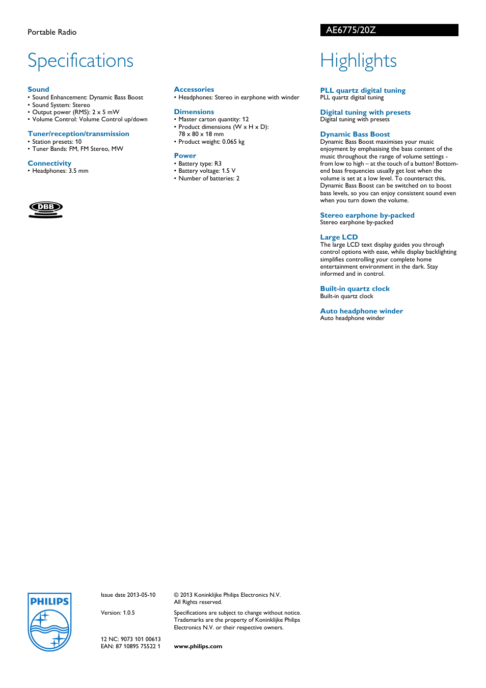 Specifications, Highlights | Philips AE6775/20Z User Manual | Page 2 / 2