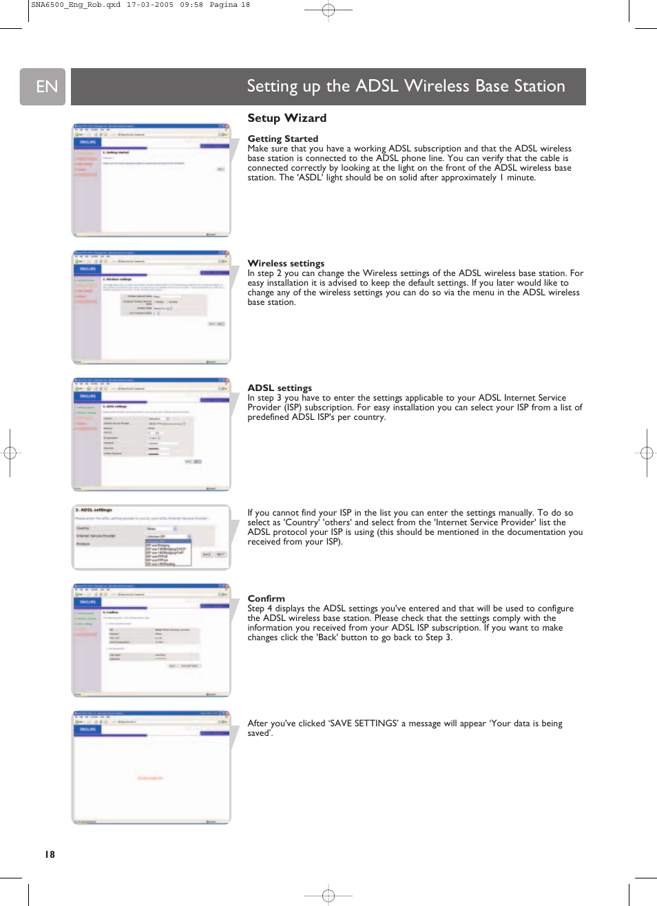 Setting up the adsl wireless base station | Philips SNA6500 User Manual | Page 18 / 47