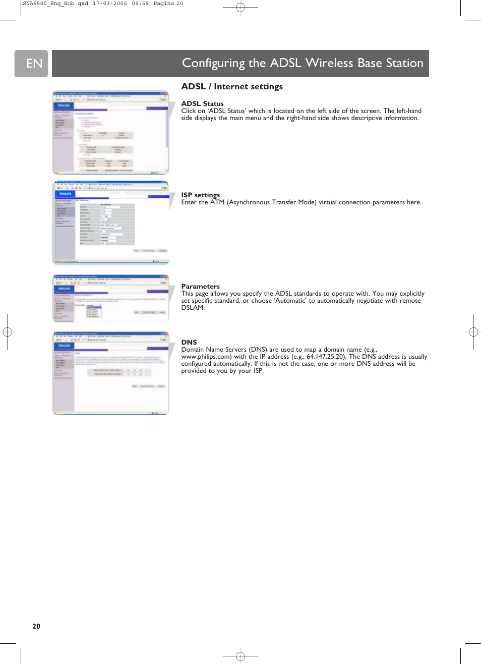 Configuring the adsl wireless base station | Philips SNA6500 User Manual | Page 20 / 47