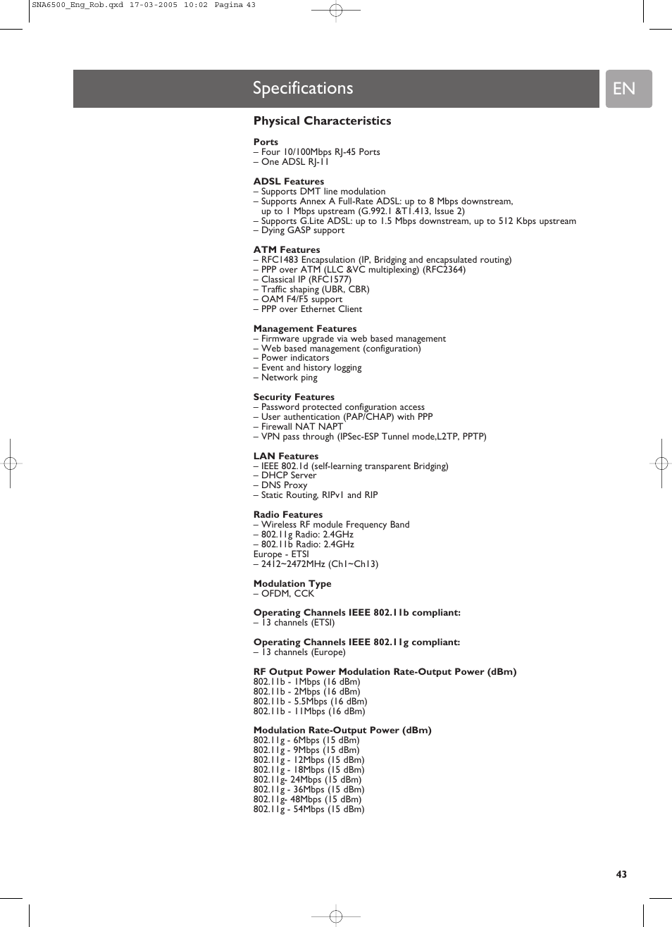 Specifications | Philips SNA6500 User Manual | Page 43 / 47