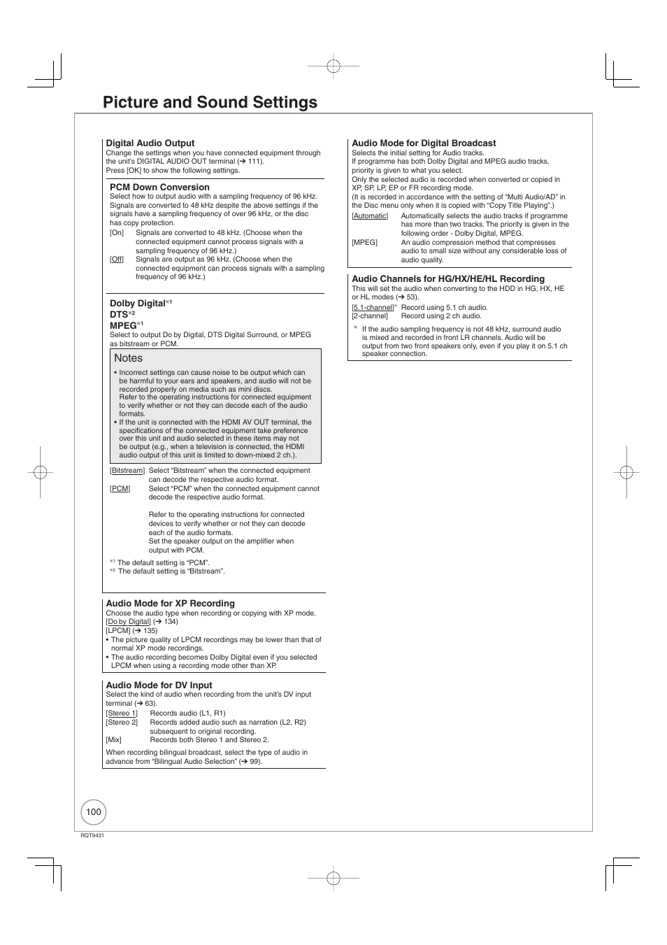 Picture and sound settings | Philips DIGA DMR-XS350EB User Manual | Page 100 / 140