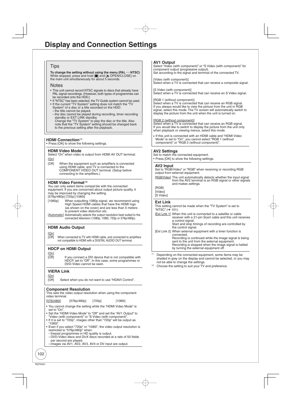 Display and connection settings, Tips | Philips DIGA DMR-XS350EB User Manual | Page 102 / 140