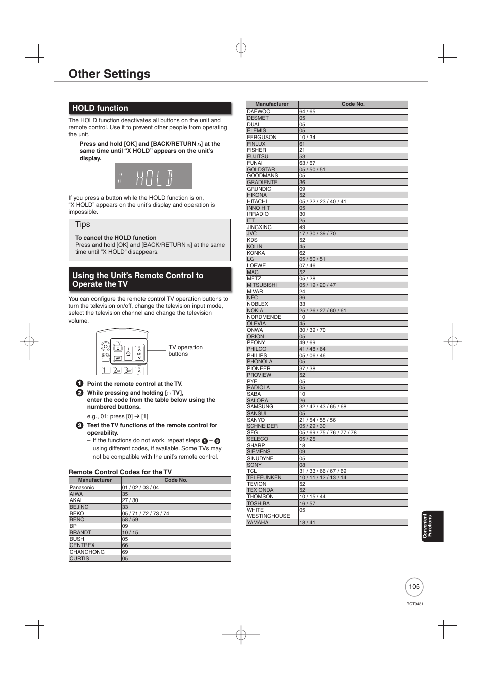 Other settings, Hold function, Tips | Using the unit’s remote control to operate the tv | Philips DIGA DMR-XS350EB User Manual | Page 105 / 140