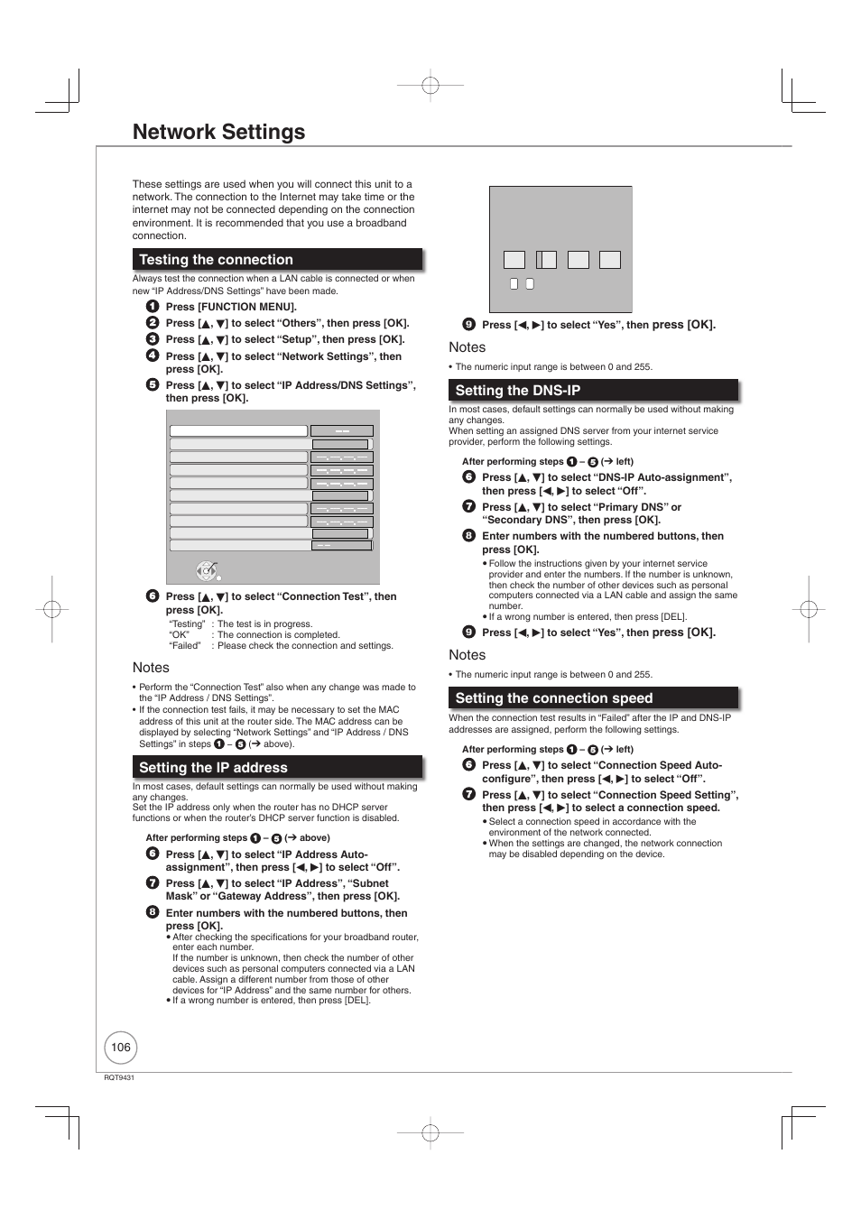 Network settings, Testing the connection, Setting the ip address | Setting the dns-ip, Setting the connection speed | Philips DIGA DMR-XS350EB User Manual | Page 106 / 140