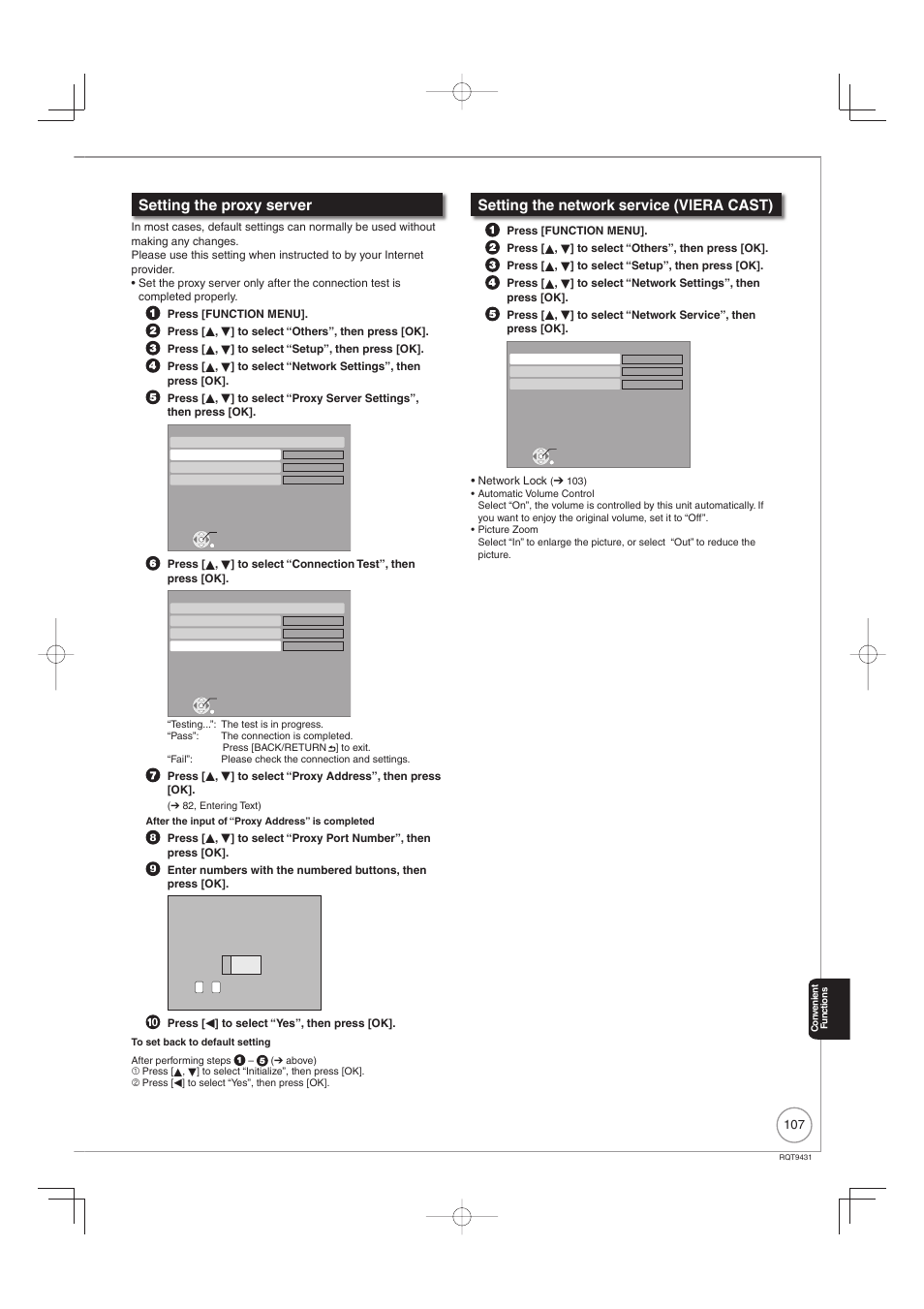 Setting the proxy server, Setting the network service (viera cast) | Philips DIGA DMR-XS350EB User Manual | Page 107 / 140