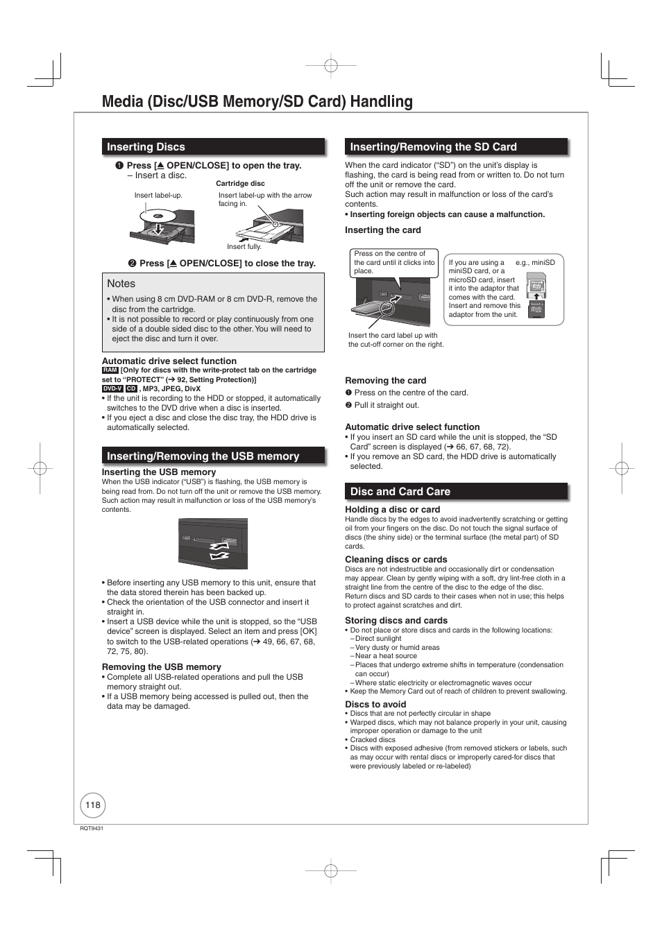 Inserting discs 1, Inserting/removing the sd card, Disc and card care | Philips DIGA DMR-XS350EB User Manual | Page 118 / 140