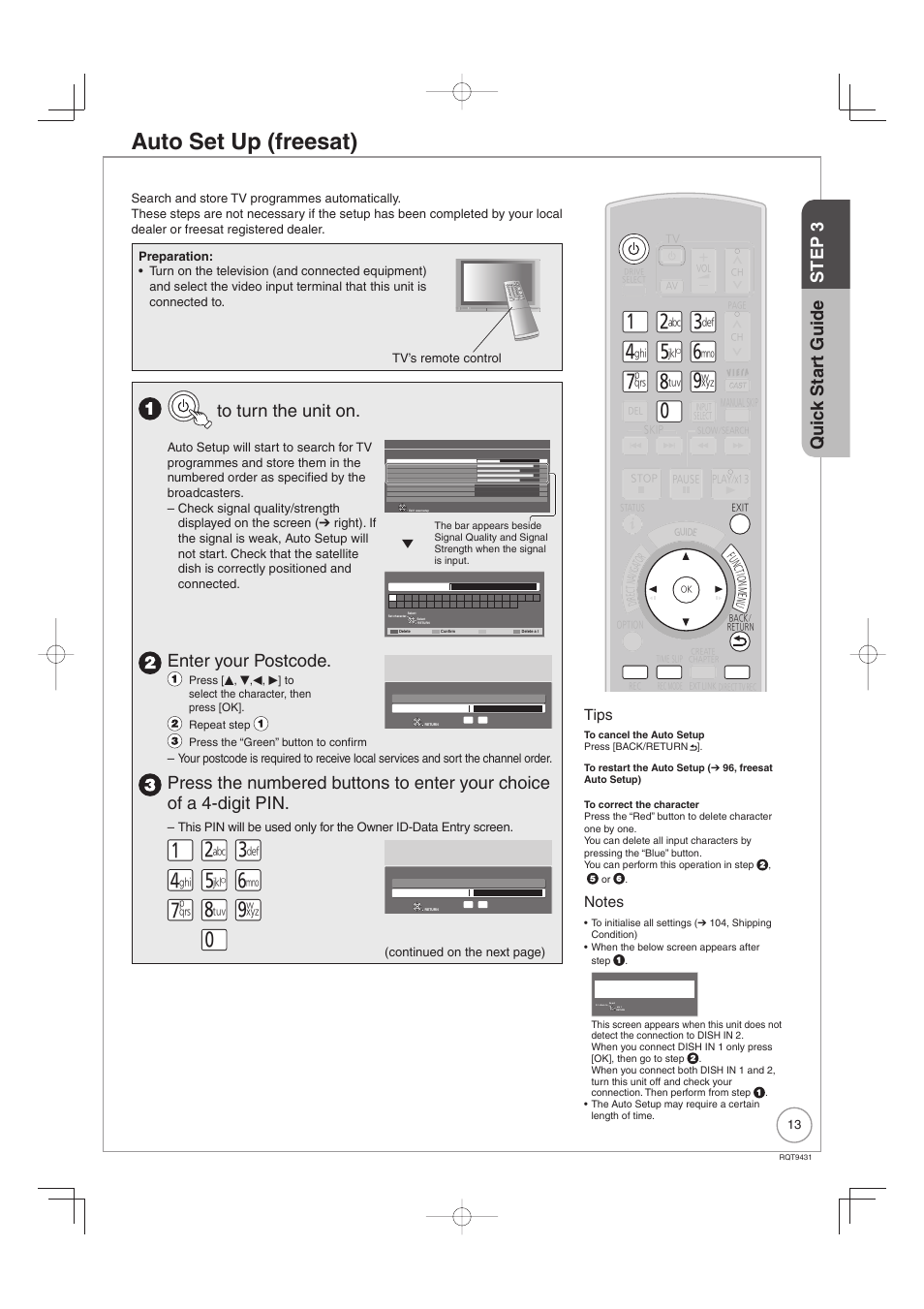 Auto set up (freesat), Enter your postcode, Quic k star t guide step 3 | Tips, Continued on the next page) | Philips DIGA DMR-XS350EB User Manual | Page 13 / 140