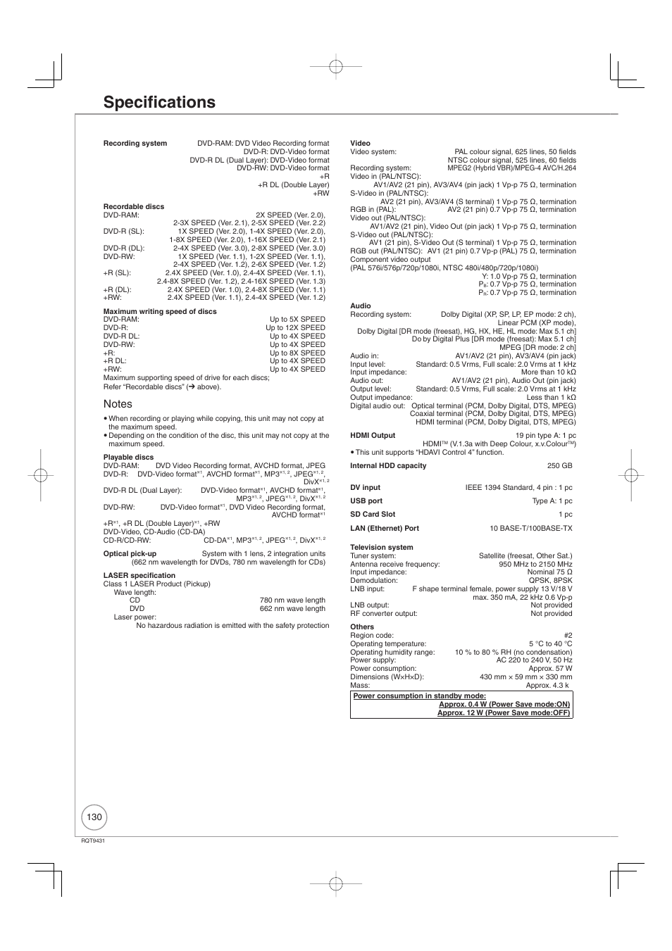 Specifications | Philips DIGA DMR-XS350EB User Manual | Page 130 / 140