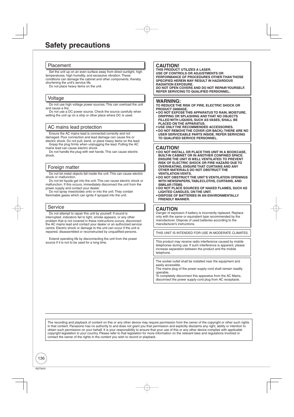 Safety precautions, Placement, Voltage | Ac mains lead protection, Foreign matter, Service, Caution, Warning | Philips DIGA DMR-XS350EB User Manual | Page 136 / 140