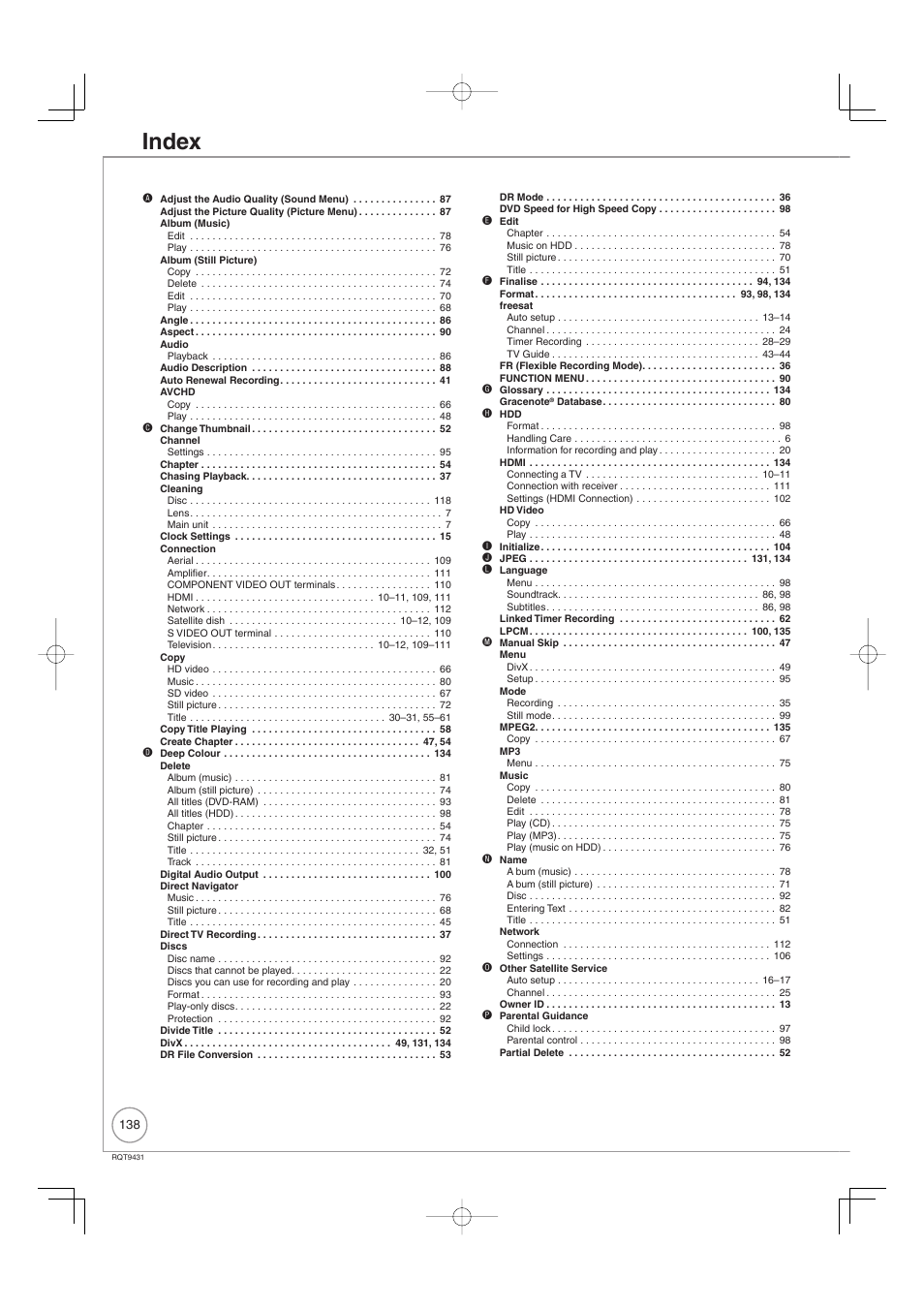 Index | Philips DIGA DMR-XS350EB User Manual | Page 138 / 140