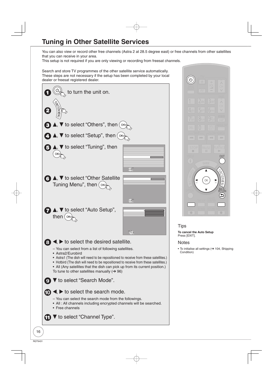 Tuning in other satellite services, E, r to select “other satellite tuning menu”, then, E, r to select “auto setup”, then | W, q to select the desired satellite, R to select “channel type, Tips | Philips DIGA DMR-XS350EB User Manual | Page 16 / 140