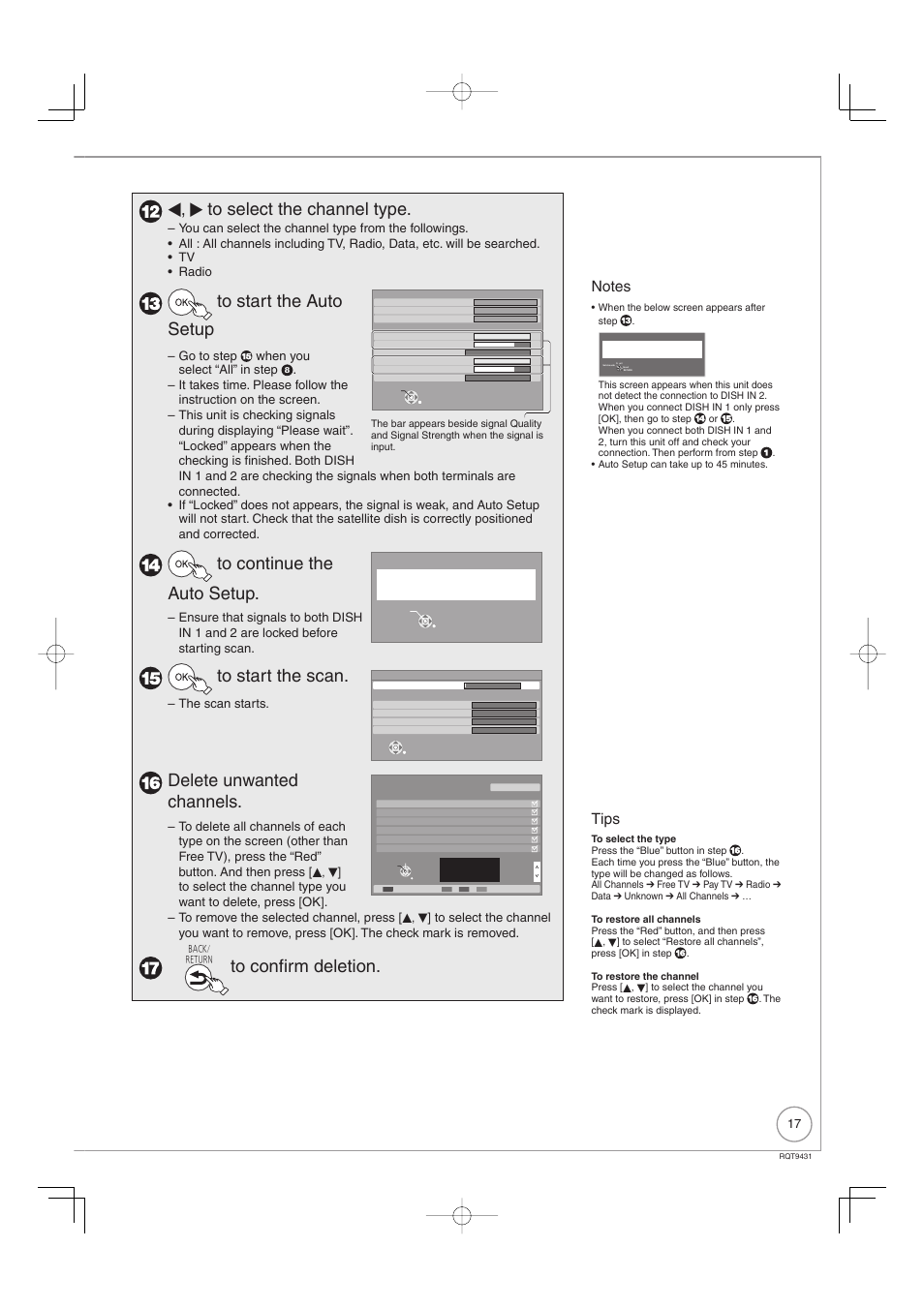 W, q to select the channel type, Delete unwanted channels, Tips | Go to step when you select “all” in step, The scan starts | Philips DIGA DMR-XS350EB User Manual | Page 17 / 140