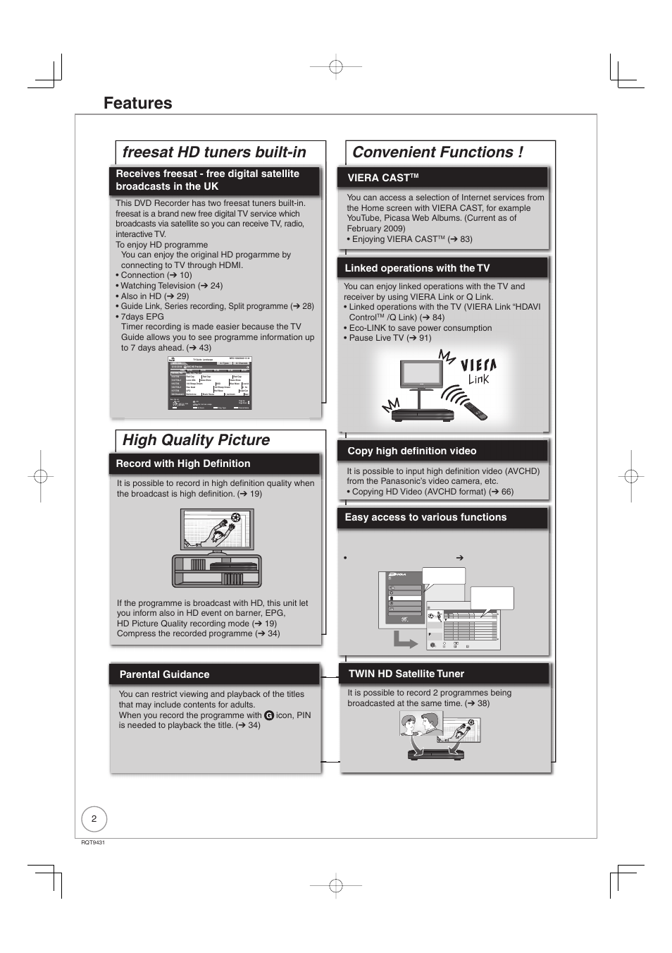 Features, Freesat hd tuners built-in, High quality picture | Convenient functions, Copy high definition video, Ch ui e, Record with high definition, Twin hd satellite tuner, Easy access to various functions viera cast | Philips DIGA DMR-XS350EB User Manual | Page 2 / 140