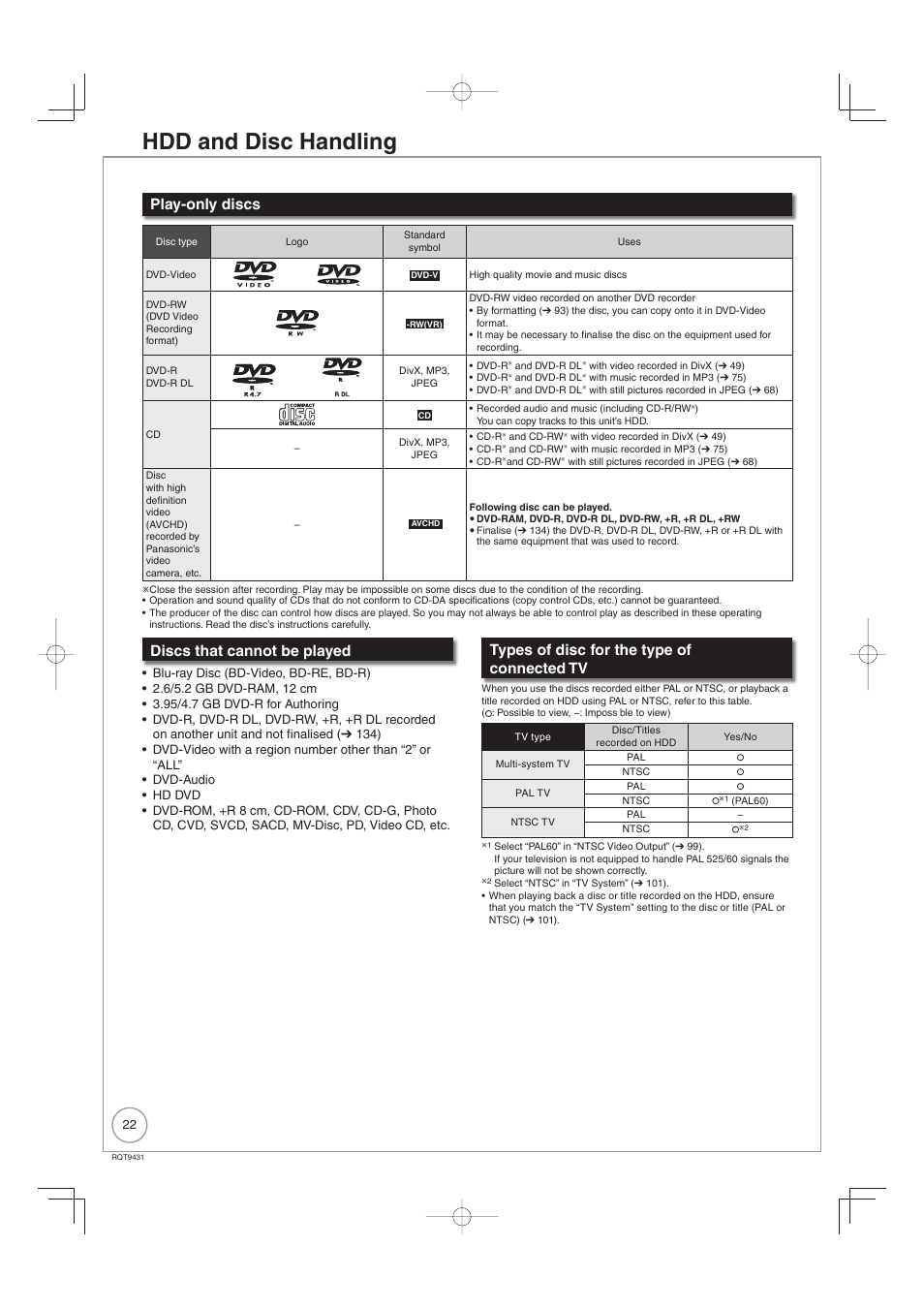 Hdd and disc handling, Play-only discs, Discs that cannot be played | Types of disc for the type of connected tv | Philips DIGA DMR-XS350EB User Manual | Page 22 / 140