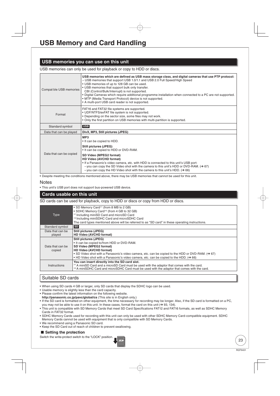 Cards usable on this unit, Suitable sd cards, Kc l | Philips DIGA DMR-XS350EB User Manual | Page 23 / 140