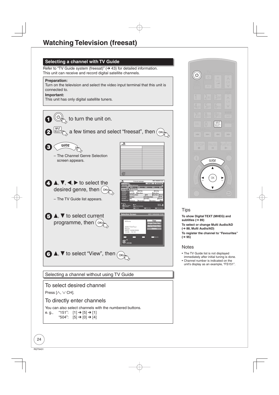 Watching television (freesat), E, r, w, q to select the desired genre, then, E, r to select current programme, then | E, r to select “view”, then, Selecting a channel with tv guide, Selecting a channel without using tv guide, Tips, Ch guide, The channel genre selection screen appears, The tv guide list appears | Philips DIGA DMR-XS350EB User Manual | Page 24 / 140