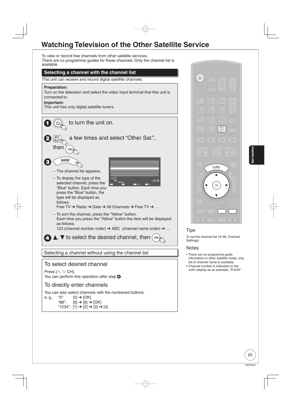 Watching television of the other satellite service, E, r to select the desired channel, then, Tips | Selecting a channel with the channel list, Selecting a channel without using the channel list | Philips DIGA DMR-XS350EB User Manual | Page 25 / 140