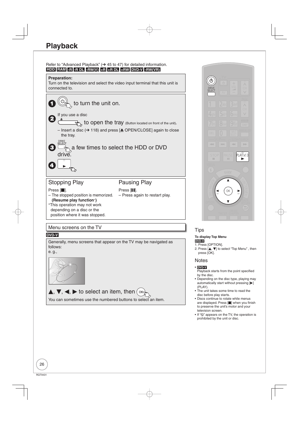 Playback, Dinosaur, A few times to select the hdd or dvd drive | Stopping play, Pausing play, E, r, w, q to select an item, then, Dvd top menu | Philips DIGA DMR-XS350EB User Manual | Page 26 / 140