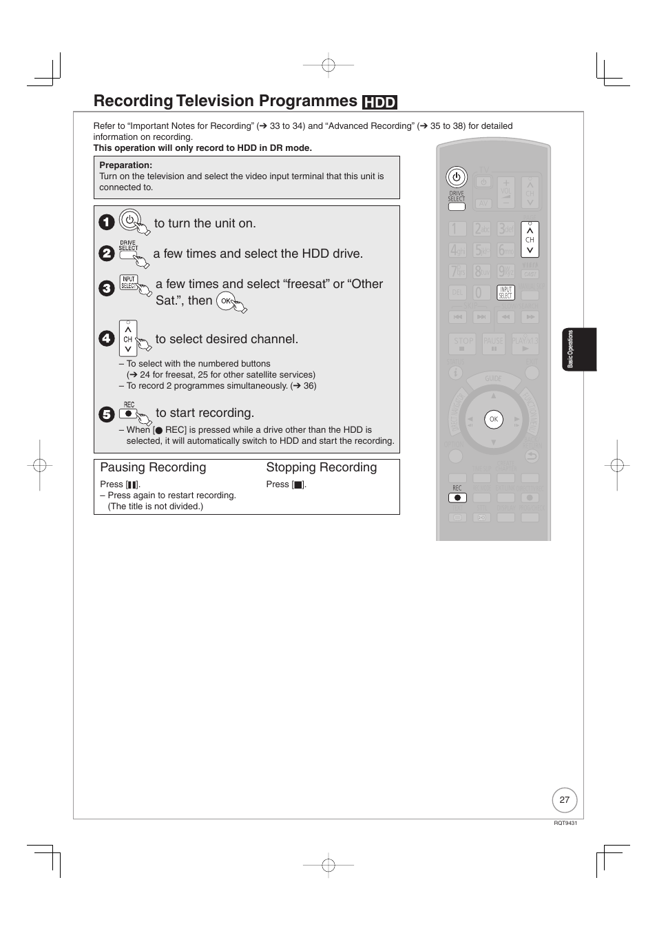 Recording television programmes, Pausing recording, Stopping recording | Philips DIGA DMR-XS350EB User Manual | Page 27 / 140