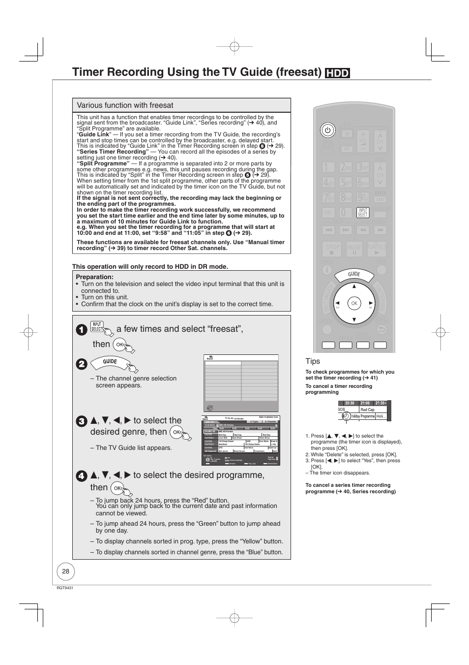 Timer recording using the tv guide (freesat), A few times and select “freesat”, then, E, r, w, q to select the desired genre, then | E, r, w, q to select the desired programme, then, Various function with freesat, Tips, Ch guide, The channel genre selection screen appears, The tv guide list appears | Philips DIGA DMR-XS350EB User Manual | Page 28 / 140